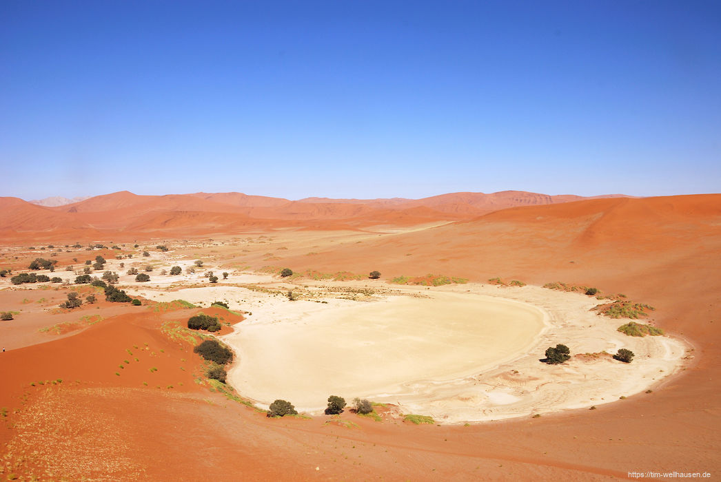 Bilder aus Namibia - Das namensgebende Sossusvlei ist eine Lehmpfanne, in die alle paar Jahre nach heftigen Regenf�llen die Wassermassen des Tsauchab gelangen. Zuletzt konnte man hier 2006 eine Kuriosit�t Namibias sehen: ein See mitten zwischen Sandd�nen.
